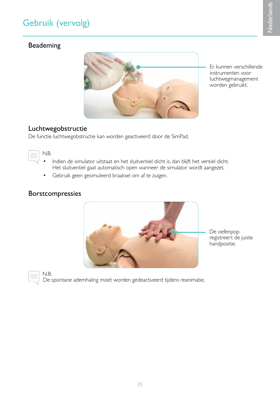 Gebruik (vervolg), Beademing luchtwegobstructie, Borstcompressies | Laerdal Resusci Anne Simulator User Manual | Page 31 / 124