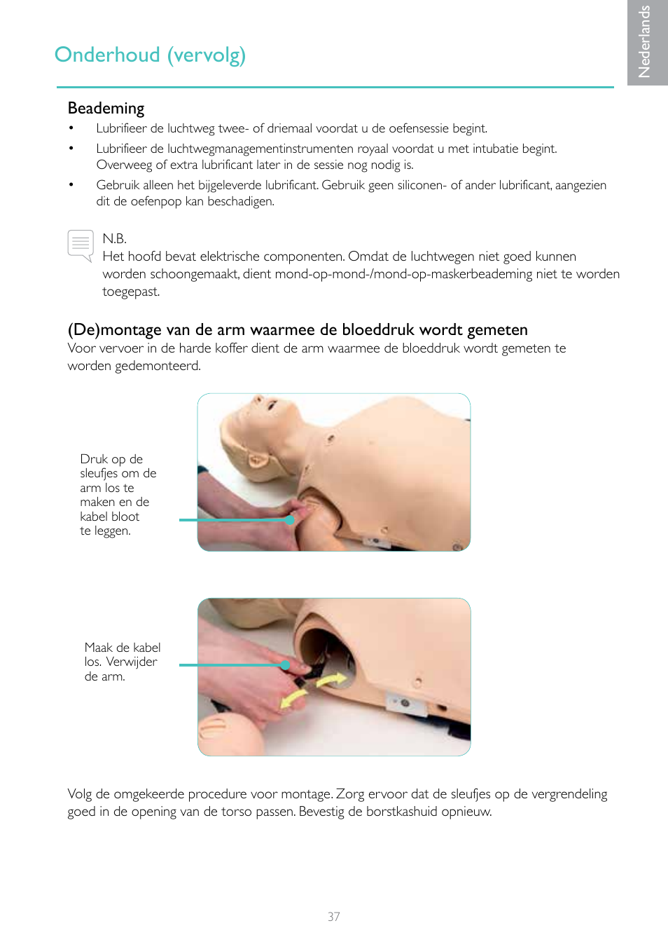 Onderhoud (vervolg), Beademing | Laerdal Resusci Anne Simulator User Manual | Page 37 / 124