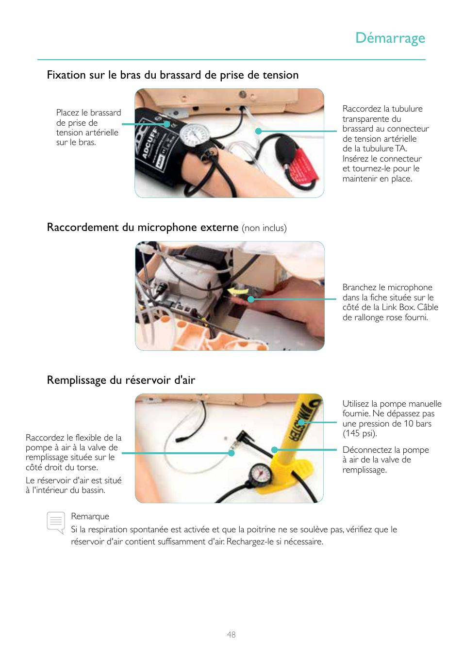 Démarrage, Remplissage du réservoir d'air | Laerdal Resusci Anne Simulator User Manual | Page 48 / 124