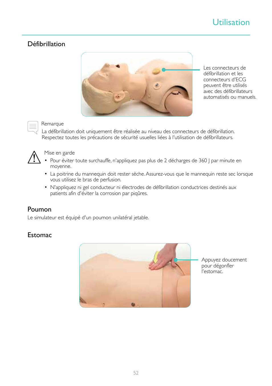 Utilisation, Défibrillation, Poumon | Estomac | Laerdal Resusci Anne Simulator User Manual | Page 52 / 124