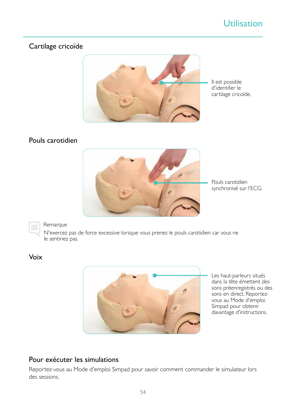 Utilisation, Cartilage cricoïde pouls carotidien, Voix pour exécuter les simulations | Laerdal Resusci Anne Simulator User Manual | Page 54 / 124