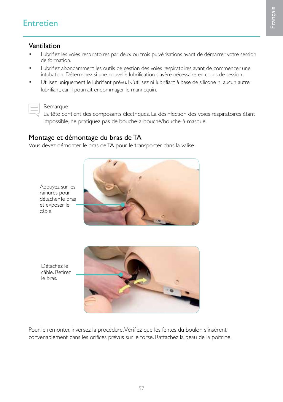 Entretien, Ventilation, Montage et démontage du bras de ta | Laerdal Resusci Anne Simulator User Manual | Page 57 / 124