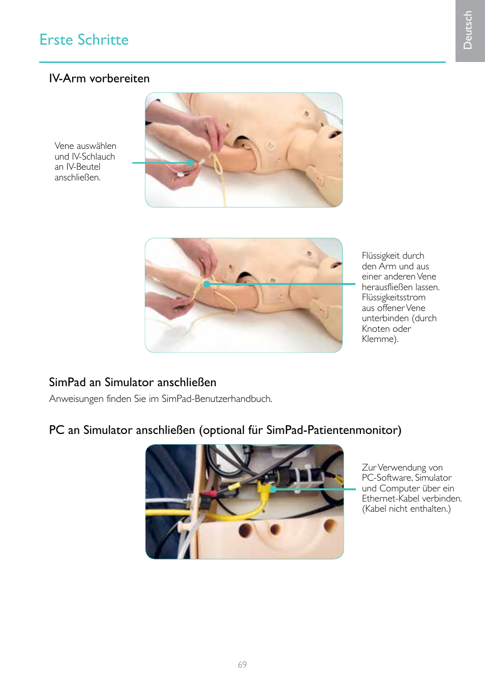 Erste schritte, Iv-arm vorbereiten simpad an simulator anschließen | Laerdal Resusci Anne Simulator User Manual | Page 69 / 124