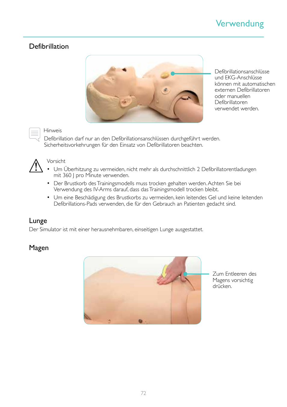 Verwendung, Defibrillation, Lunge | Magen | Laerdal Resusci Anne Simulator User Manual | Page 72 / 124