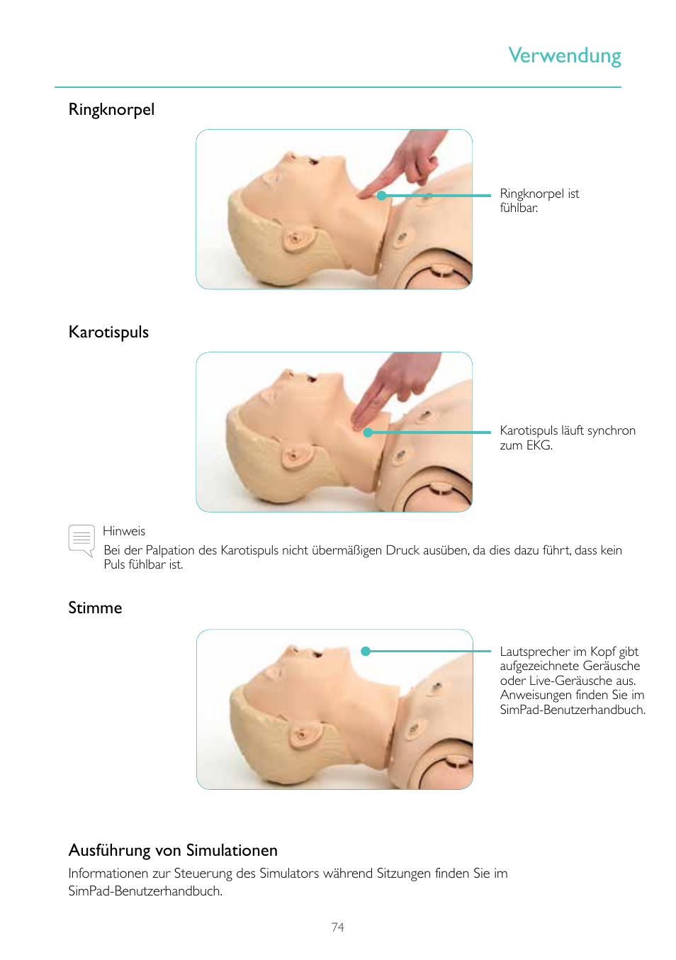 Verwendung | Laerdal Resusci Anne Simulator User Manual | Page 74 / 124