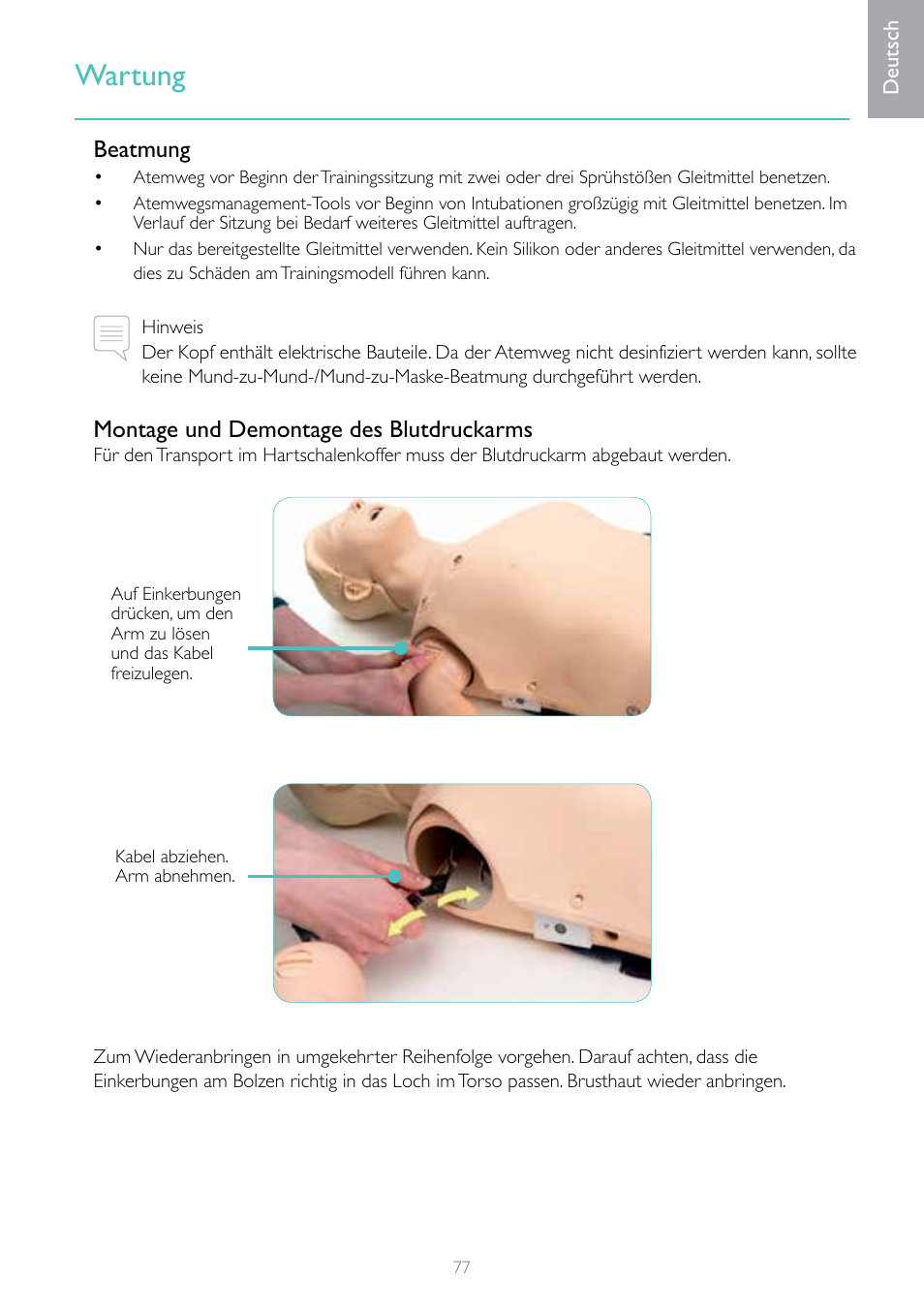 Wartung, Beatmung, Montage und demontage des blutdruckarms | Laerdal Resusci Anne Simulator User Manual | Page 77 / 124