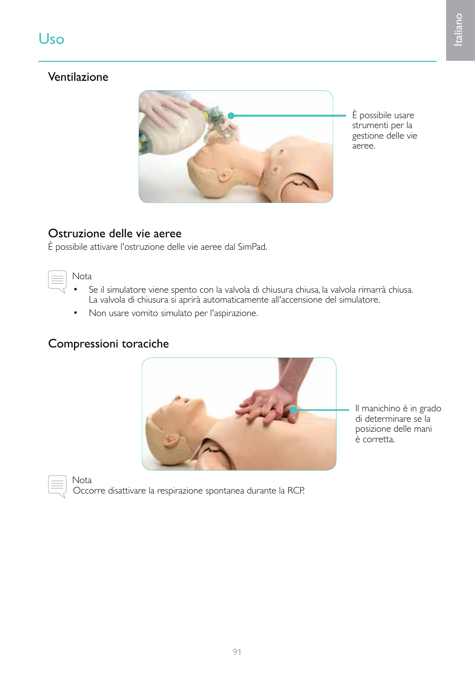 Ventilazione ostruzione delle vie aeree, Compressioni toraciche | Laerdal Resusci Anne Simulator User Manual | Page 91 / 124