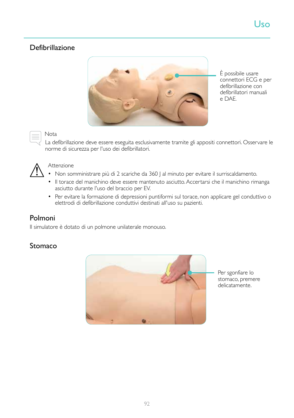 Defibrillazione, Polmoni, Stomaco | Laerdal Resusci Anne Simulator User Manual | Page 92 / 124