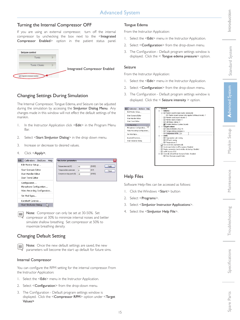 Advanced system, Turning the internal compressor off, Changing settings during simulation | Changing default setting, Help files | Laerdal SimJunior Standard User Manual | Page 17 / 34