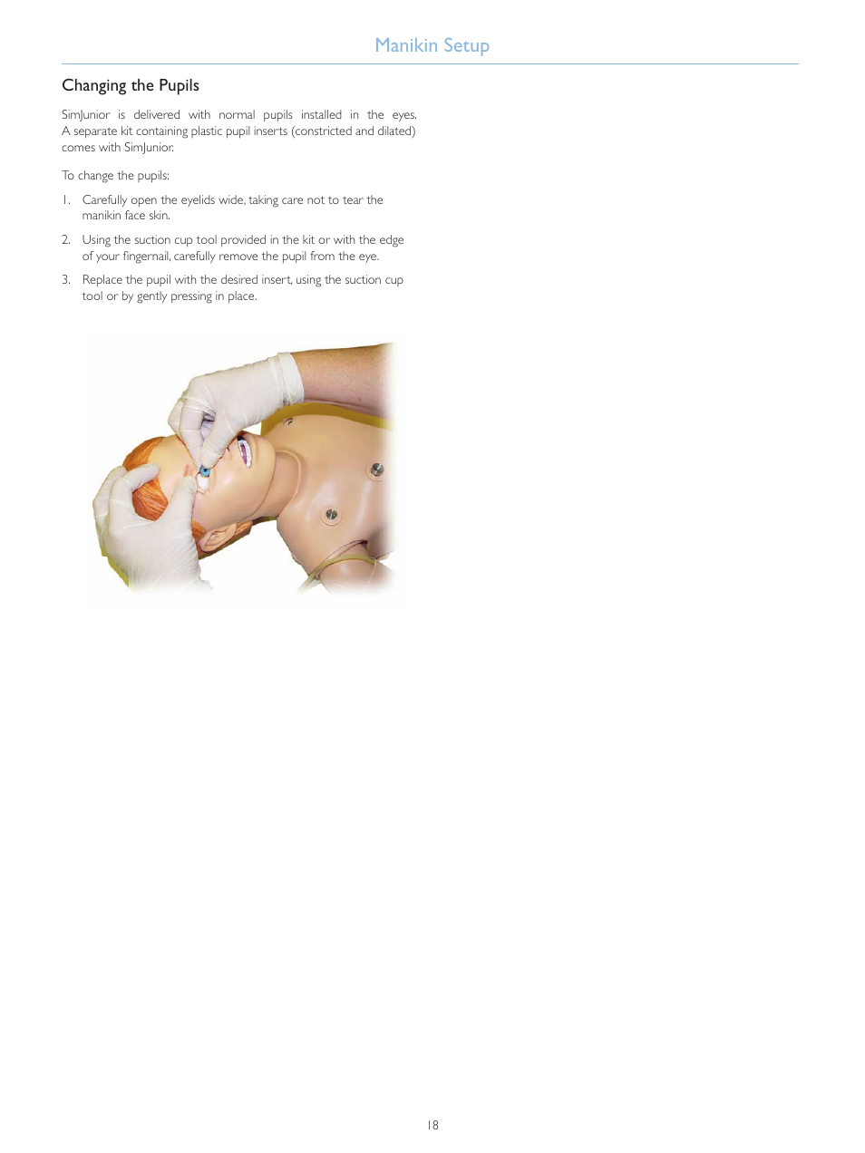 Manikin setup, Changing the pupils | Laerdal SimJunior Standard User Manual | Page 20 / 34