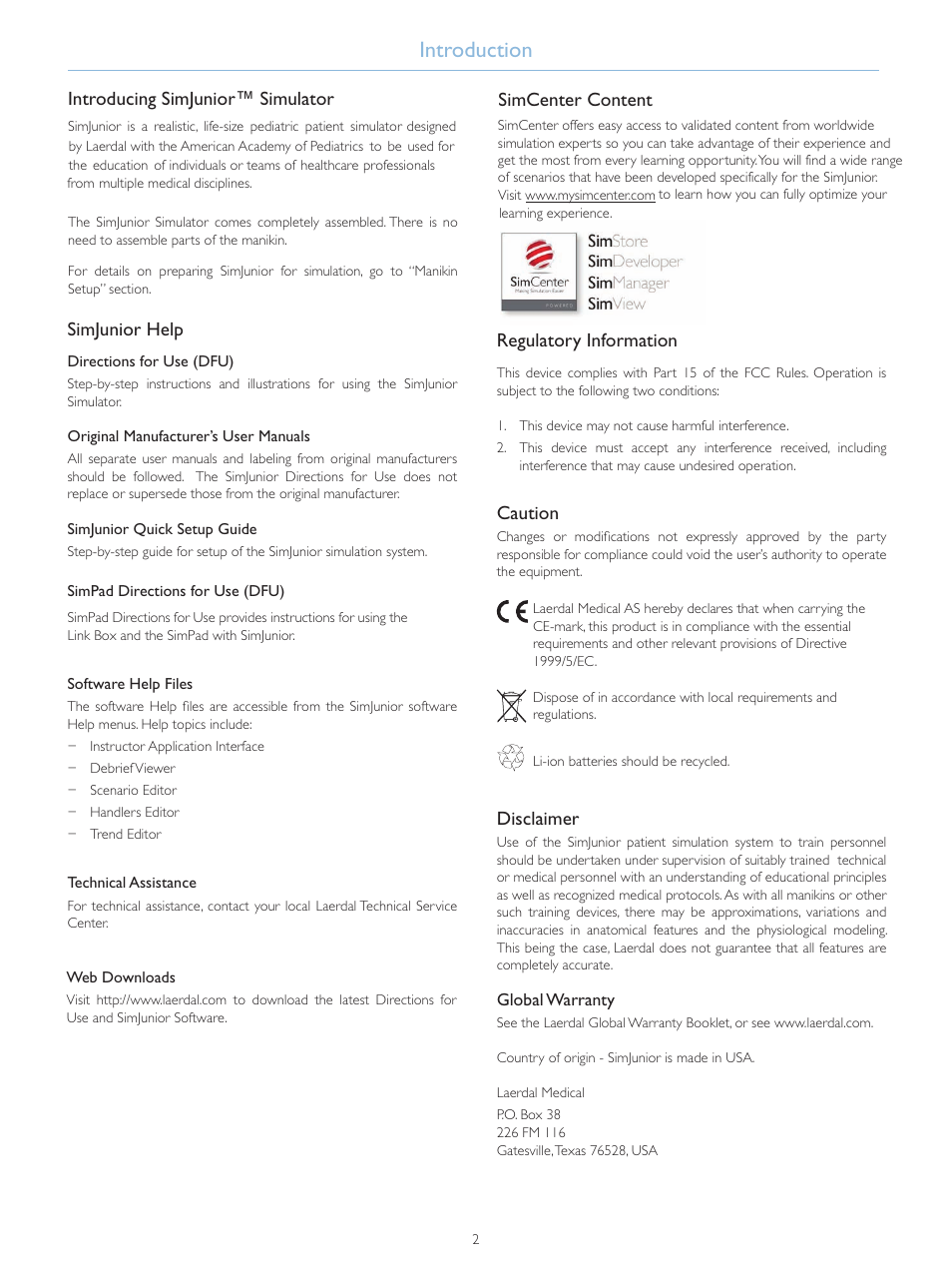 Introduction, Introducing simjunior™ simulator, Simjunior help | Regulatory information, Caution, Disclaimer, Simcenter content | Laerdal SimJunior Standard User Manual | Page 4 / 34