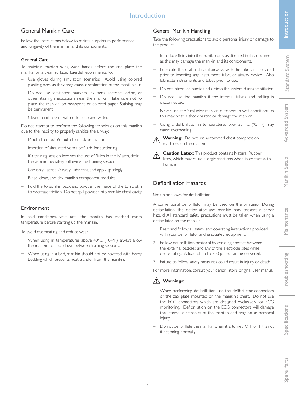 Introduction, General manikin care, Defibrillation hazards | Laerdal SimJunior Standard User Manual | Page 5 / 34