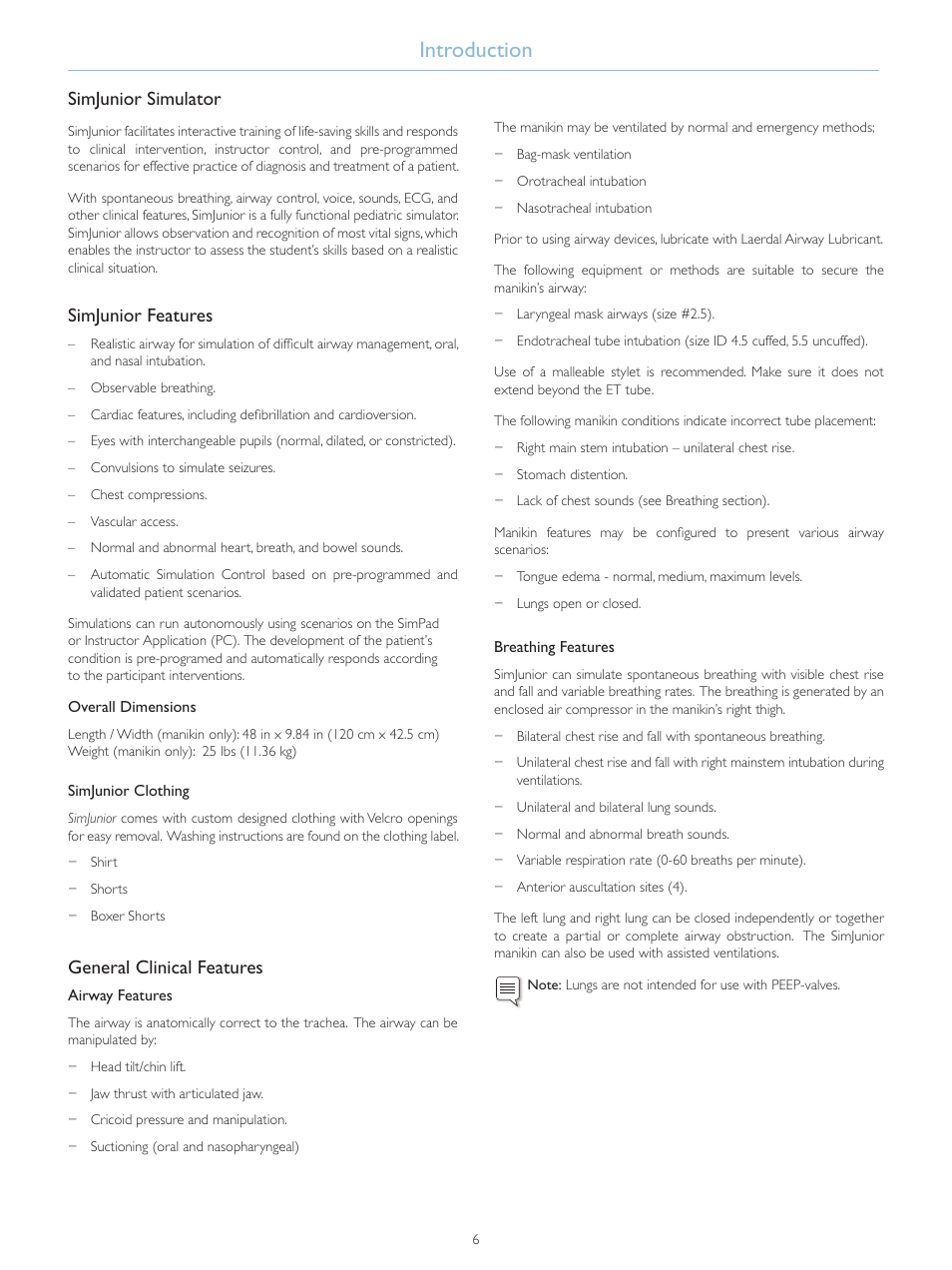 Introduction, Simjunior simulator, Simjunior features | General clinical features | Laerdal SimJunior Standard User Manual | Page 8 / 34