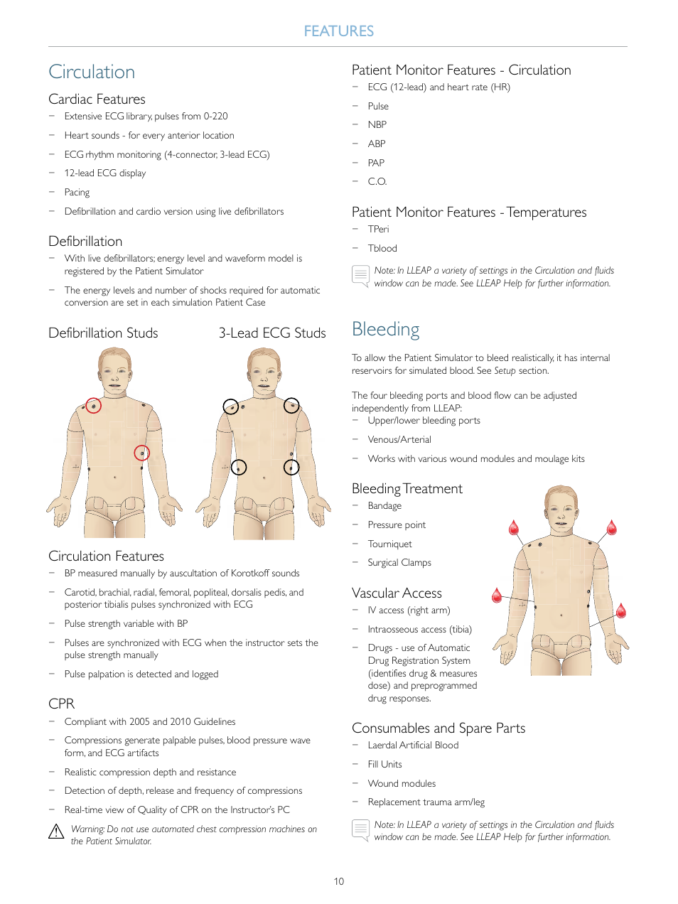 Circulation, Bleeding, Features | Cardiac features, Defibrillation, Patient monitor features - circulation, Patient monitor features - temperatures, Bleeding treatment, Vascular access, Consumables and spare parts | Laerdal SimMan 3G User Manual | Page 10 / 46