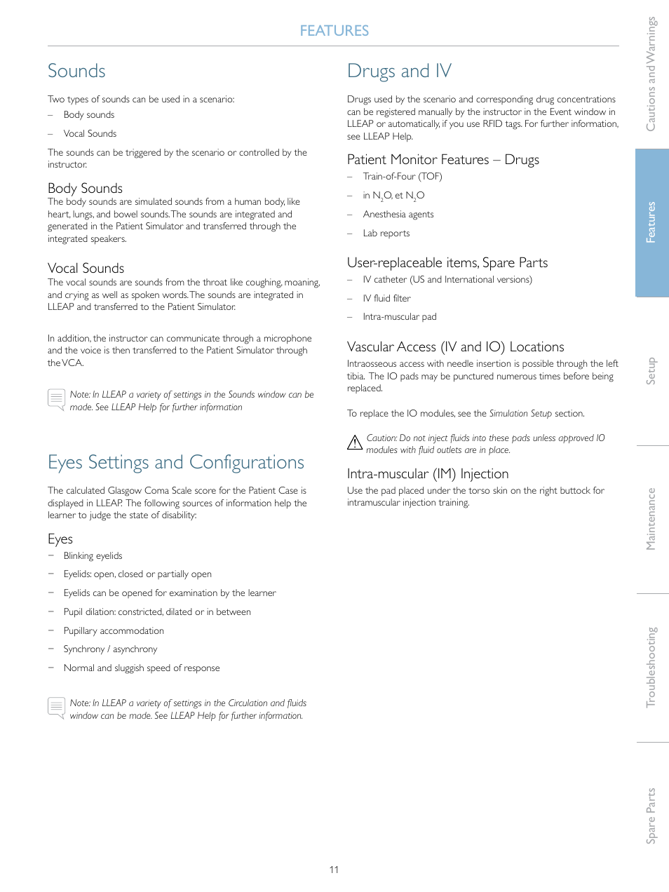 Sounds, Eyes settings and configurations, Drugs and iv | Features, Body sounds, Vocal sounds, Eyes, Patient monitor features – drugs, User-replaceable items, spare parts, Vascular access (iv and io) locations | Laerdal SimMan 3G User Manual | Page 11 / 46