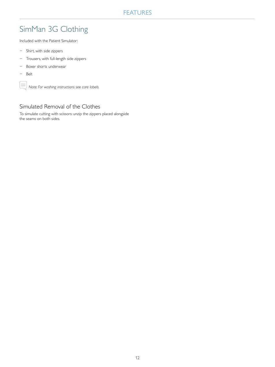 Simman 3g clothing, Features | Laerdal SimMan 3G User Manual | Page 12 / 46