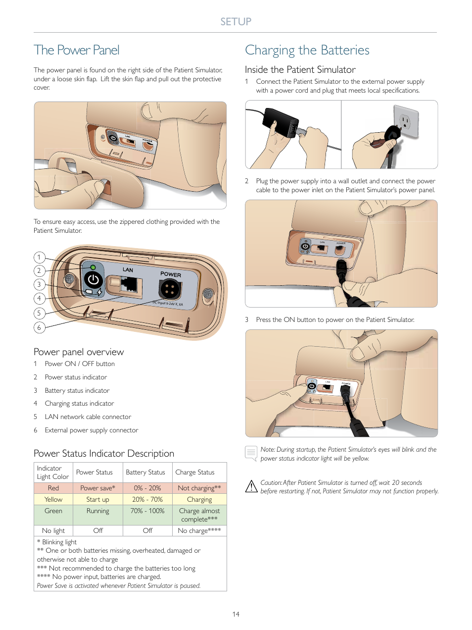 The power panel, Charging the batteries, Setup | Power panel overview, Power status indicator description, Inside the patient simulator | Laerdal SimMan 3G User Manual | Page 14 / 46