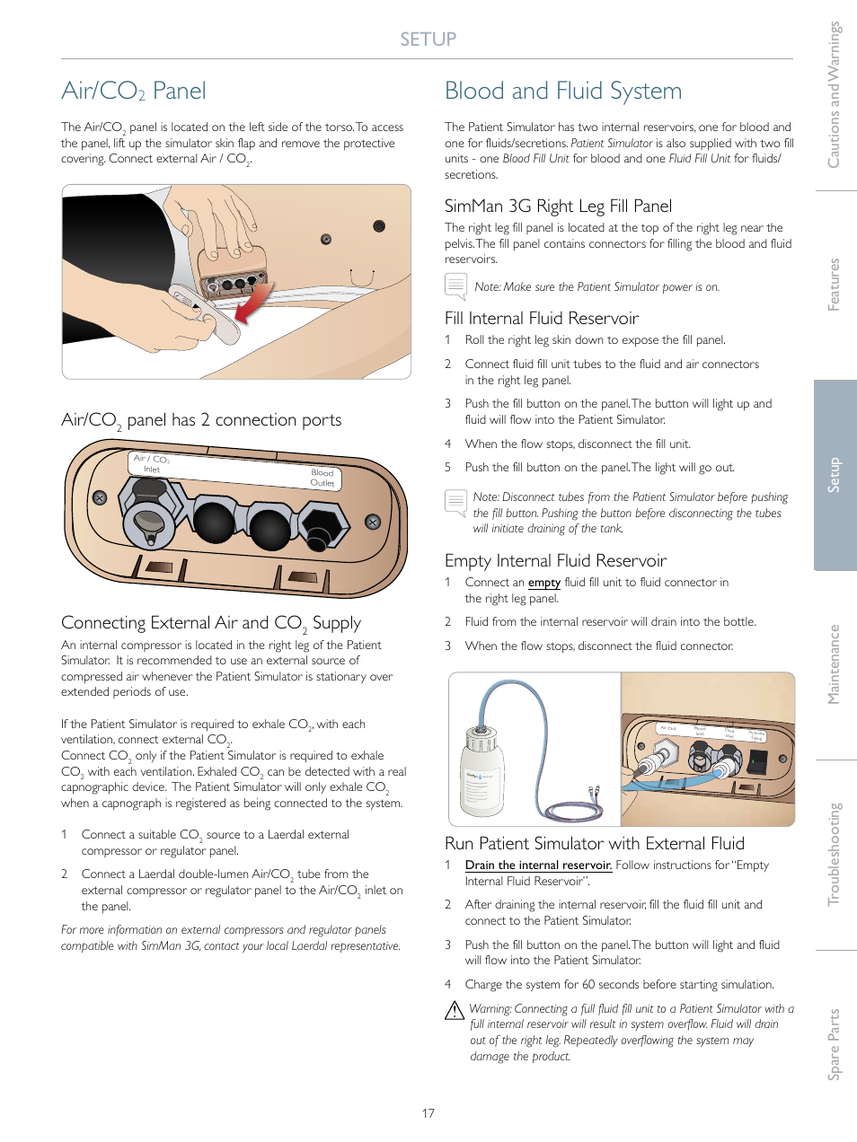 Air/co, Panel, Blood and fluid system | Setup, Panel has 2 connection ports, Connecting external air and co, Supply, Simman 3g right leg fill panel, Fill internal fluid reservoir, Empty internal fluid reservoir | Laerdal SimMan 3G User Manual | Page 17 / 46