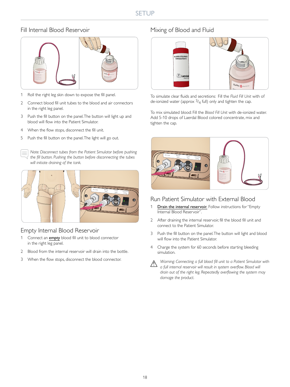 Setup, Fill internal blood reservoir, Empty internal blood reservoir | Mixing of blood and fluid, Run patient simulator with external blood | Laerdal SimMan 3G User Manual | Page 18 / 46