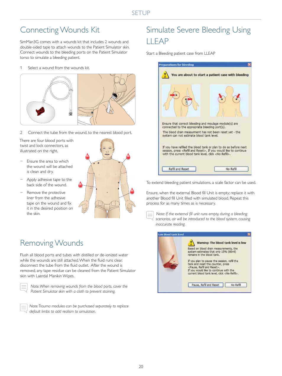 Connecting wounds kit, Removing wounds, Simulate severe bleeding using lleap | Setup | Laerdal SimMan 3G User Manual | Page 20 / 46