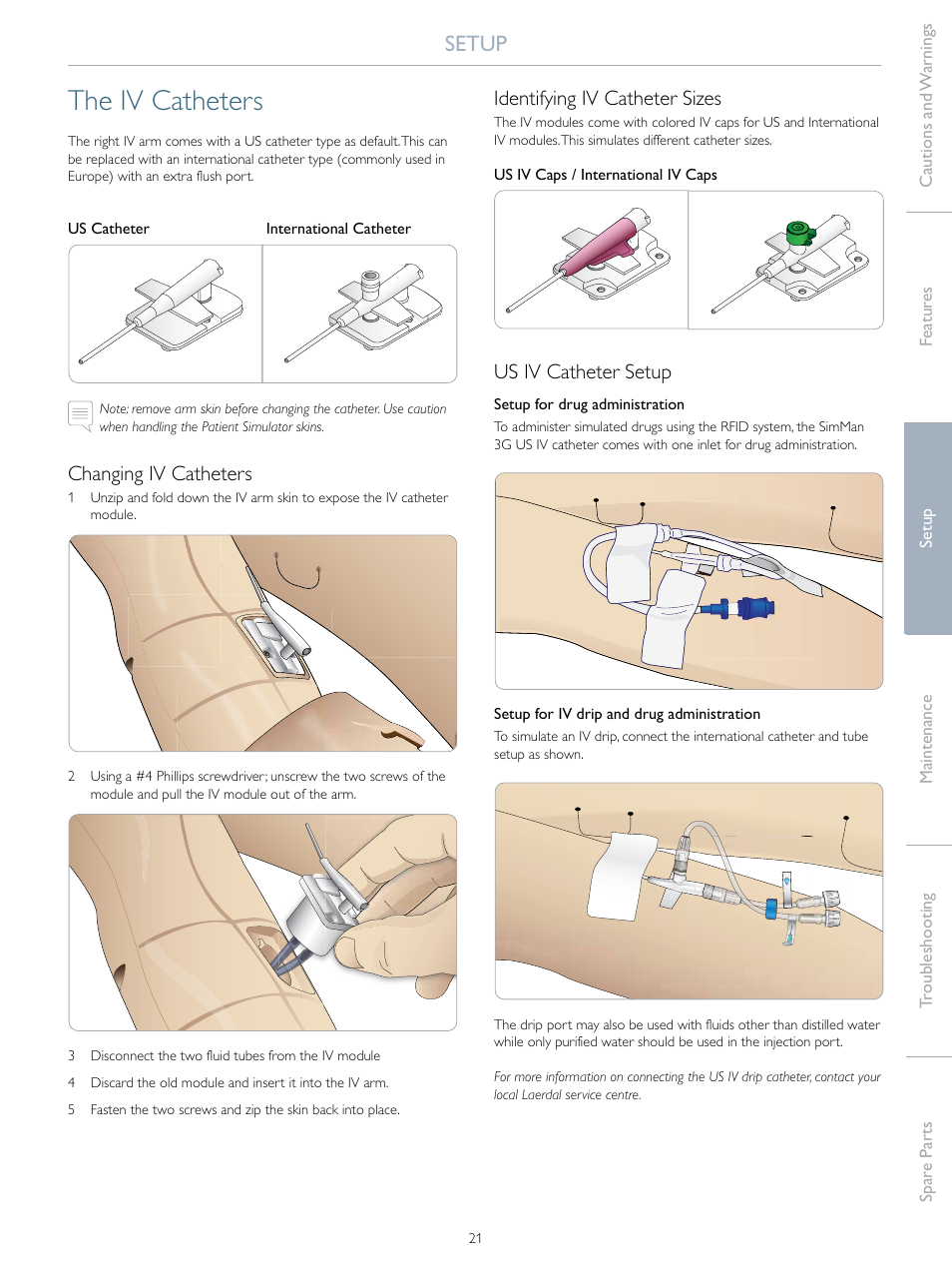The iv catheters, Setup, Changing iv catheters | Identifying iv catheter sizes, Us iv catheter setup | Laerdal SimMan 3G User Manual | Page 21 / 46