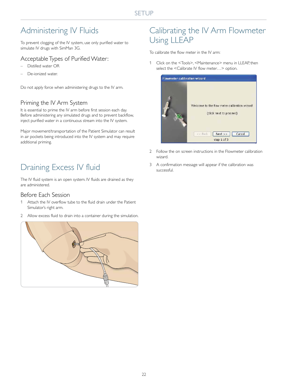 Administering iv fluids, Draining excess iv fluid, Calibrating the iv arm flowmeter using lleap | Setup | Laerdal SimMan 3G User Manual | Page 22 / 46