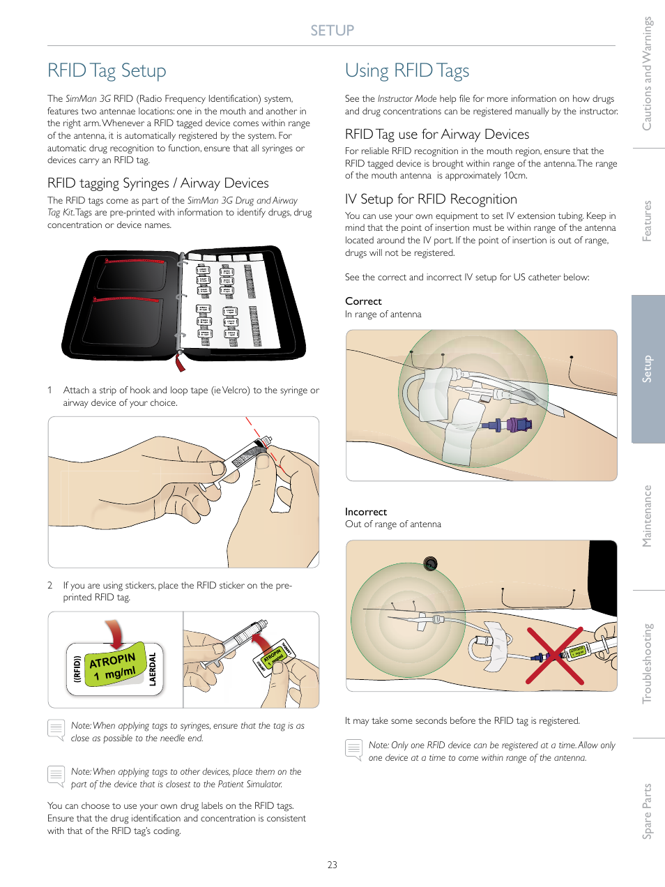 Rfid tag setup, Using rfid tags, Setup | Rfid tagging syringes / airway devices, Rfid tag use for airway devices, Iv setup for rfid recognition | Laerdal SimMan 3G User Manual | Page 23 / 46