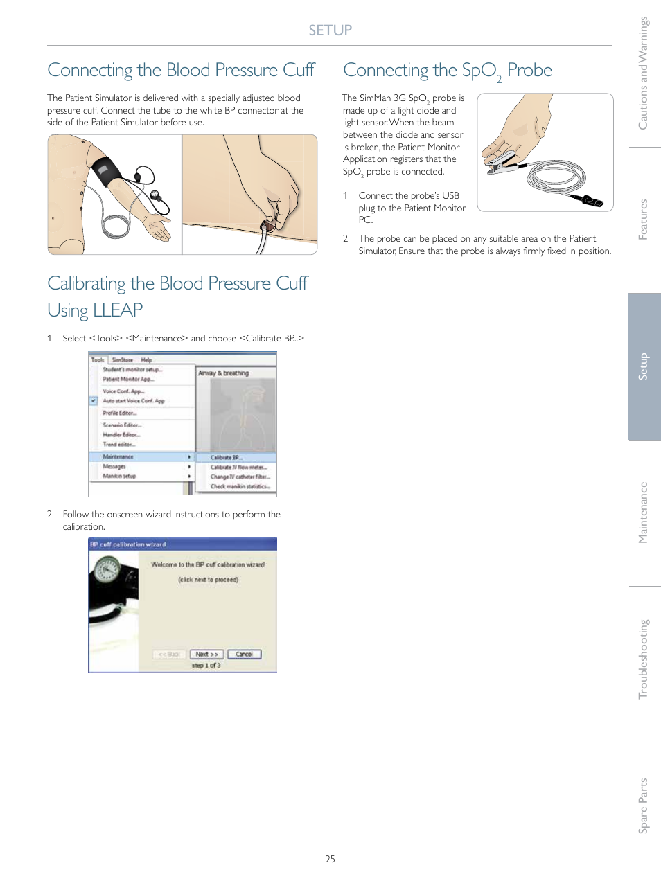 Connecting the blood pressure cuff, Calibrating the blood pressure cuff using lleap, Connecting the spo | Probe, Setup | Laerdal SimMan 3G User Manual | Page 25 / 46