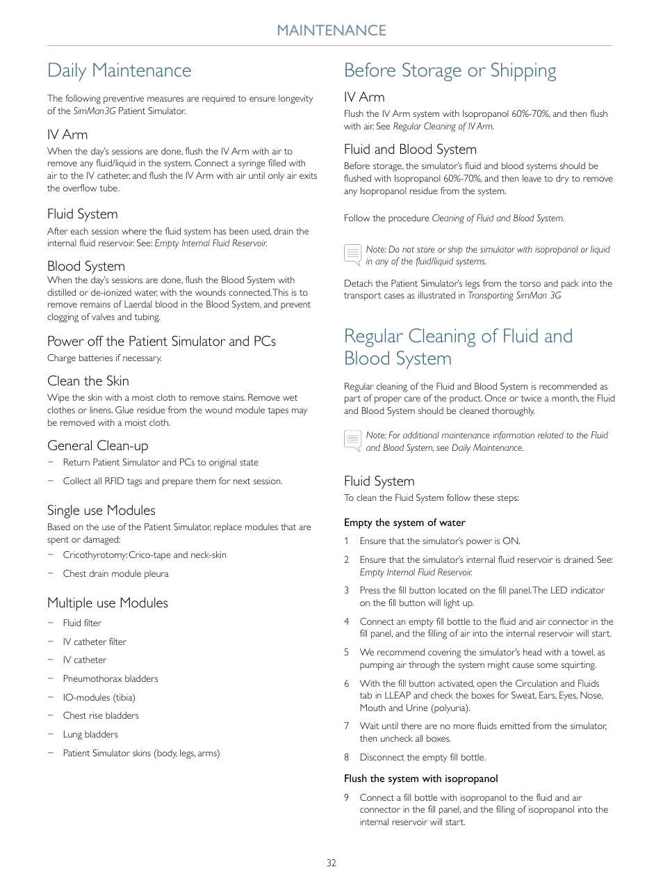 Daily maintenance, Before storage or shipping, Regular cleaning of fluid and blood system | Maintenance, Iv arm, Fluid system, Blood system, Power off the patient simulator and pcs, Clean the skin, General clean-up | Laerdal SimMan 3G User Manual | Page 32 / 46