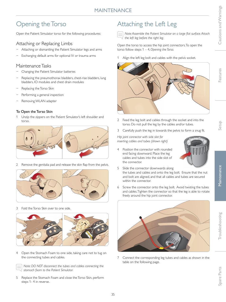 Opening the torso, Attaching the left leg, Maintenance | Attaching or replacing limbs, Maintenance tasks | Laerdal SimMan 3G User Manual | Page 35 / 46