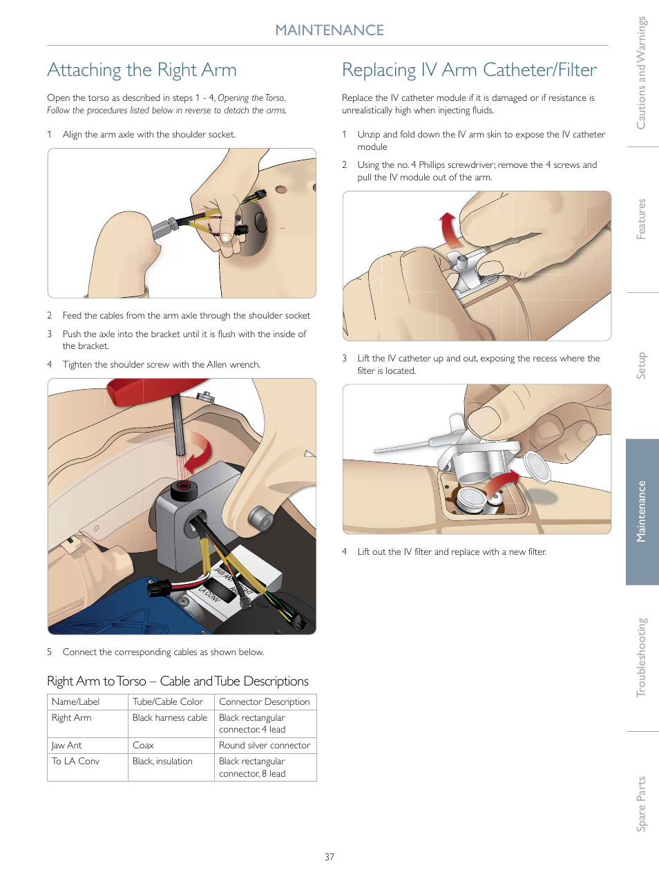 Attaching the right arm, Replacing iv arm catheter/filter, Maintenance | Right arm to torso – cable and tube descriptions | Laerdal SimMan 3G User Manual | Page 37 / 46
