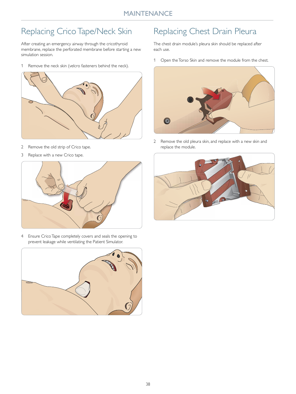 Replacing crico tape/neck skin, Replacing chest drain pleura, Maintenance | Laerdal SimMan 3G User Manual | Page 38 / 46