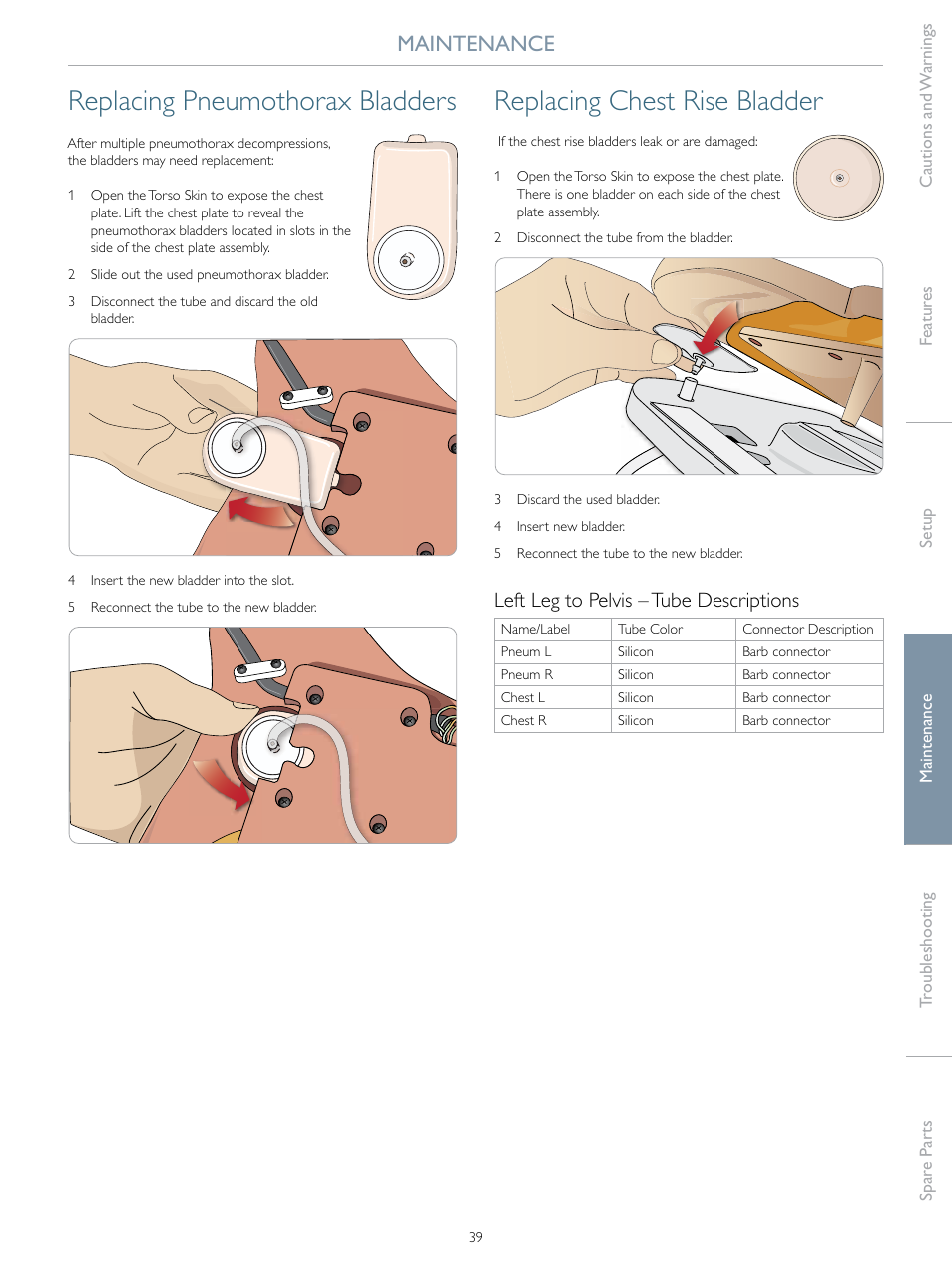 Replacing pneumothorax bladders, Replacing chest rise bladder, Maintenance | Left leg to pelvis – tube descriptions | Laerdal SimMan 3G User Manual | Page 39 / 46