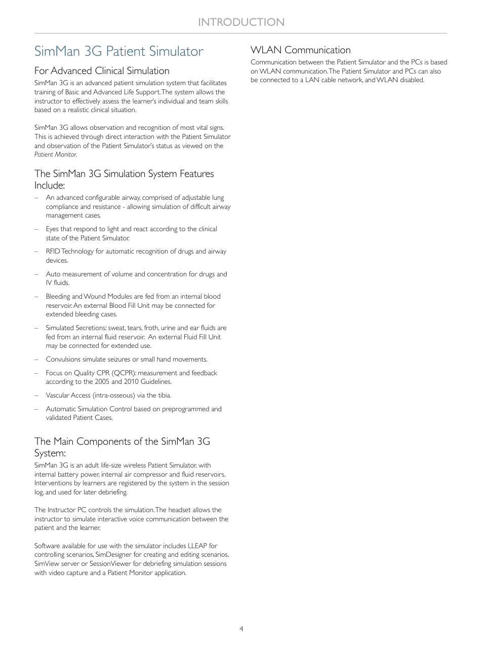 Simman 3g patient simulator, Introduction, For advanced clinical simulation | The simman 3g simulation system features include, The main components of the simman 3g system, Wlan communication | Laerdal SimMan 3G User Manual | Page 4 / 46