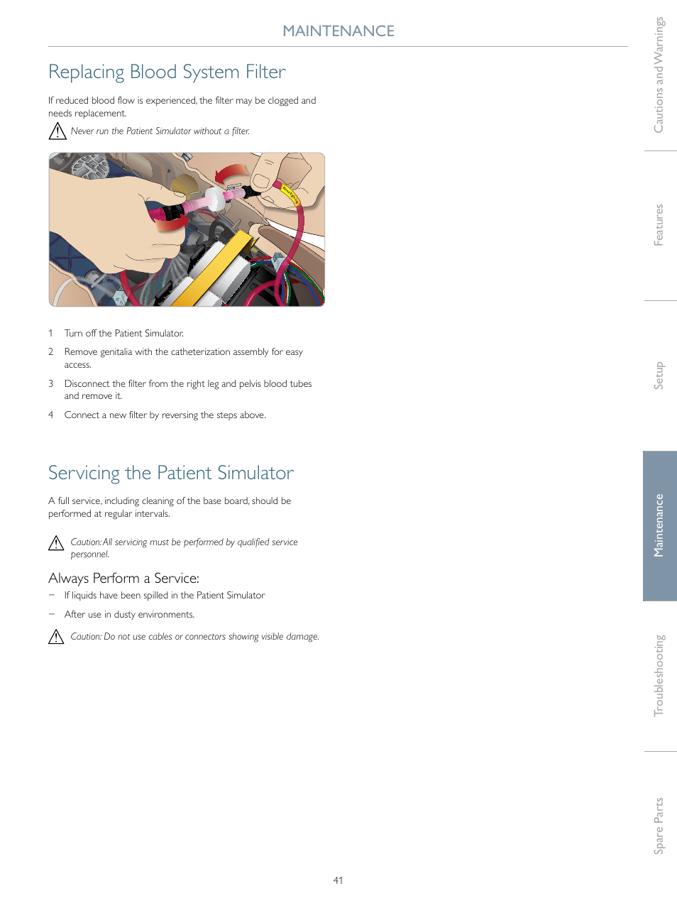 Replacing blood system filter, Servicing the patient simulator, Maintenance | Always perform a service | Laerdal SimMan 3G User Manual | Page 41 / 46