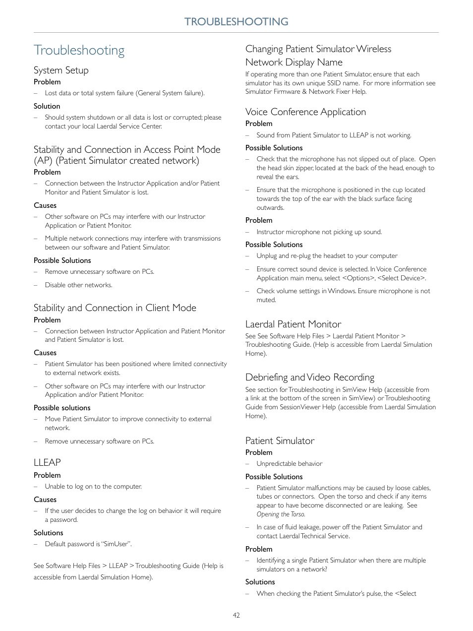 Troubleshooting, System setup, Stability and connection in client mode | Lleap, Voice conference application, Laerdal patient monitor, Debriefing and video recording, Patient simulator | Laerdal SimMan 3G User Manual | Page 42 / 46