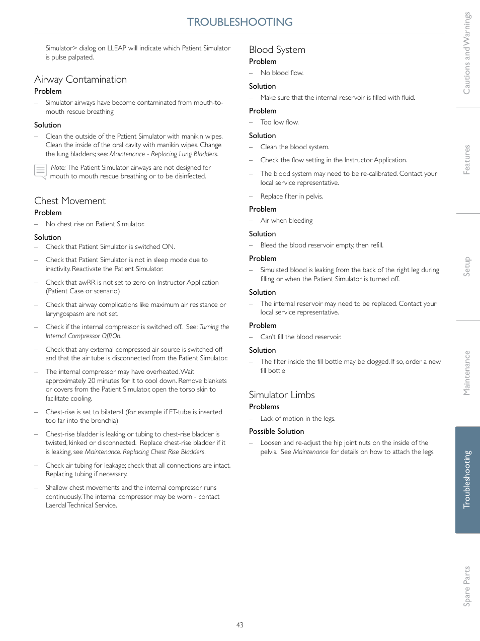 Troubleshooting, Airway contamination, Chest movement | Blood system, Simulator limbs | Laerdal SimMan 3G User Manual | Page 43 / 46