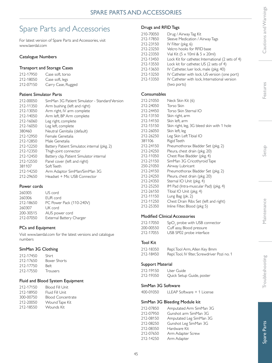 Spare parts and accessories | Laerdal SimMan 3G User Manual | Page 45 / 46