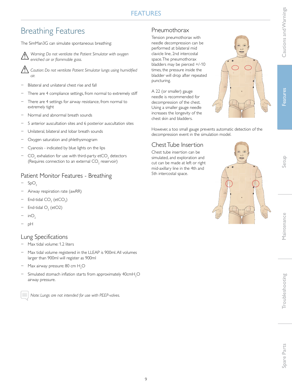Breathing features, Features, Patient monitor features - breathing | Lung specifications, Pneumothorax, Chest tube insertion | Laerdal SimMan 3G User Manual | Page 9 / 46
