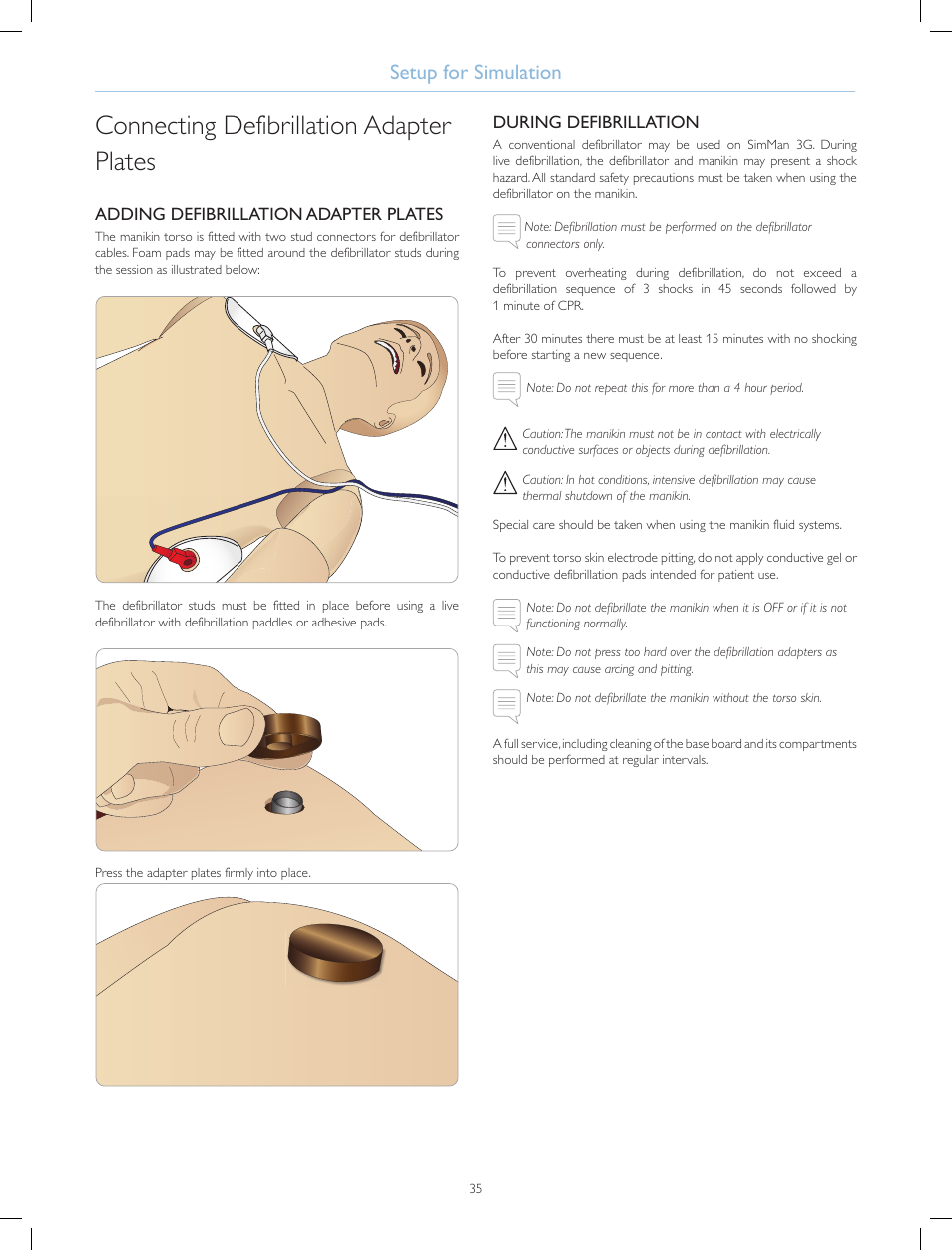 Connecting defibrillation adapter plates, Setup for simulation | Laerdal SimMan 3G Mystic User Manual | Page 38 / 64