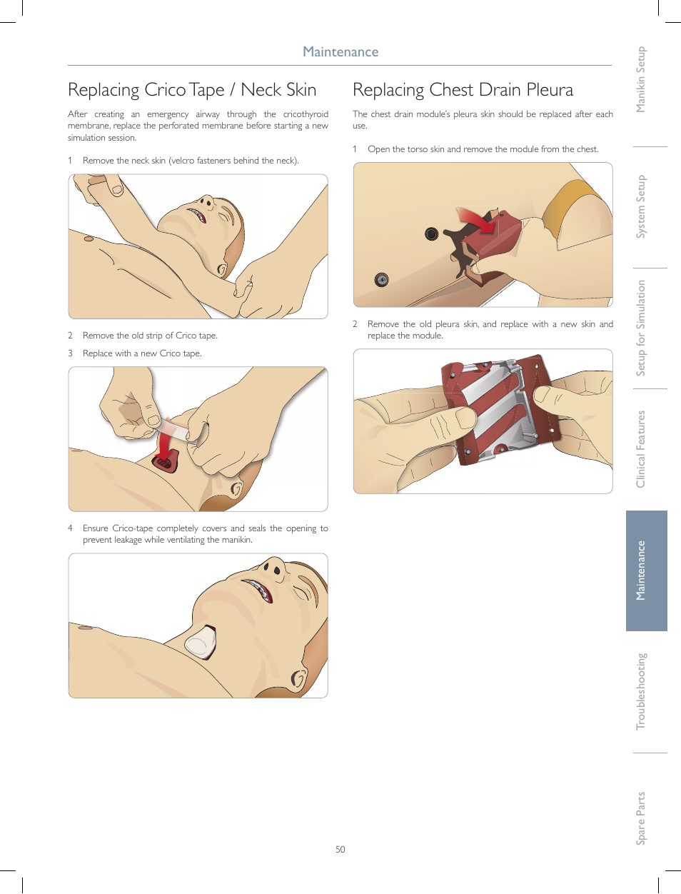 Replacing crico tape / neck skin, Replacing chest drain pleura, Maintenance | Laerdal SimMan 3G Mystic User Manual | Page 53 / 64