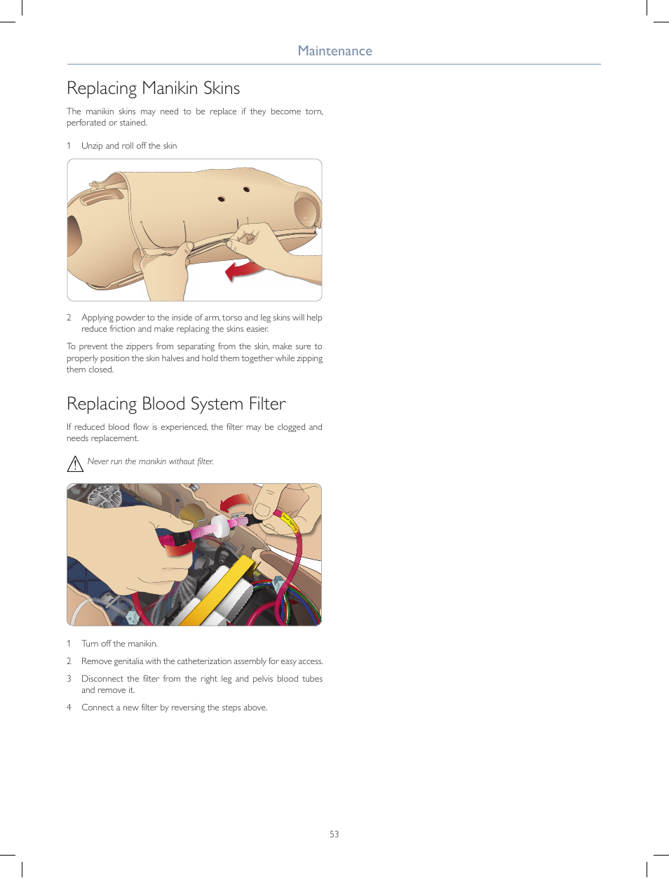 Replacing manikin skins, Replacing blood system filter, Maintenance | Laerdal SimMan 3G Mystic User Manual | Page 56 / 64