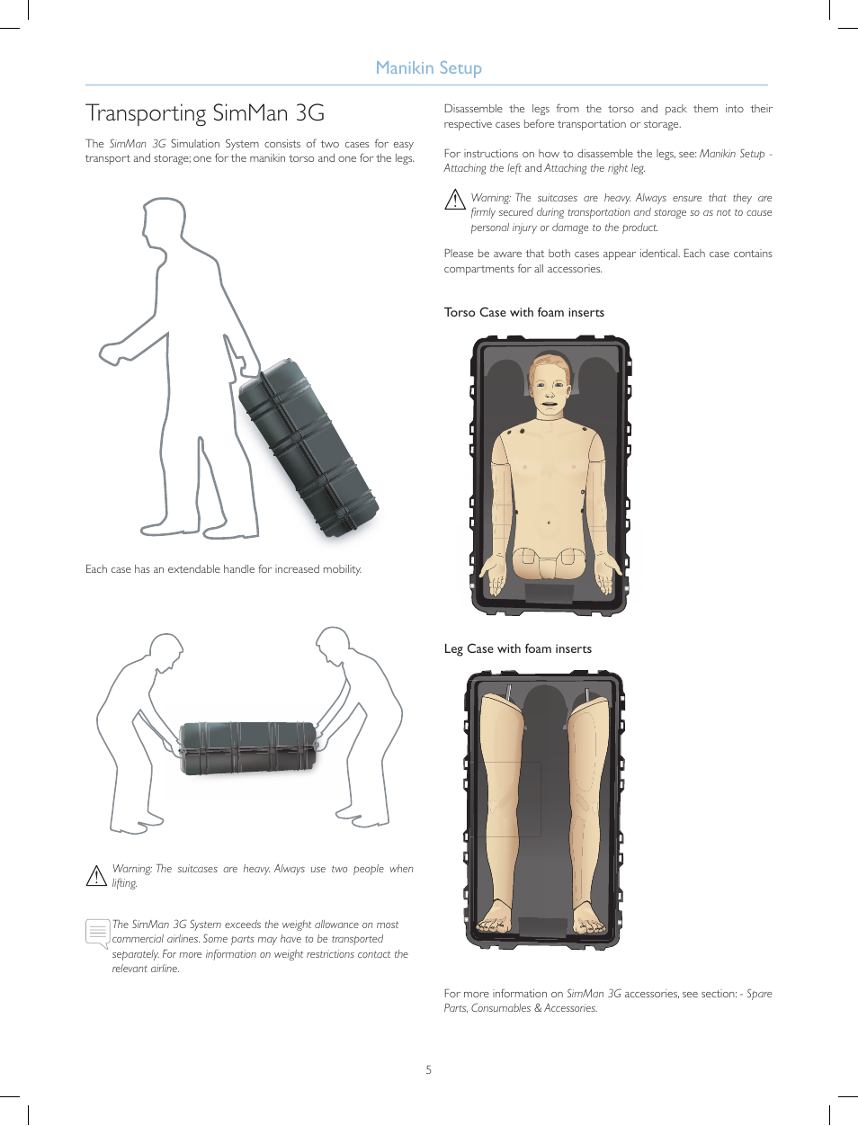 Transporting simman 3g, Manikin setup | Laerdal SimMan 3G Mystic User Manual | Page 8 / 64