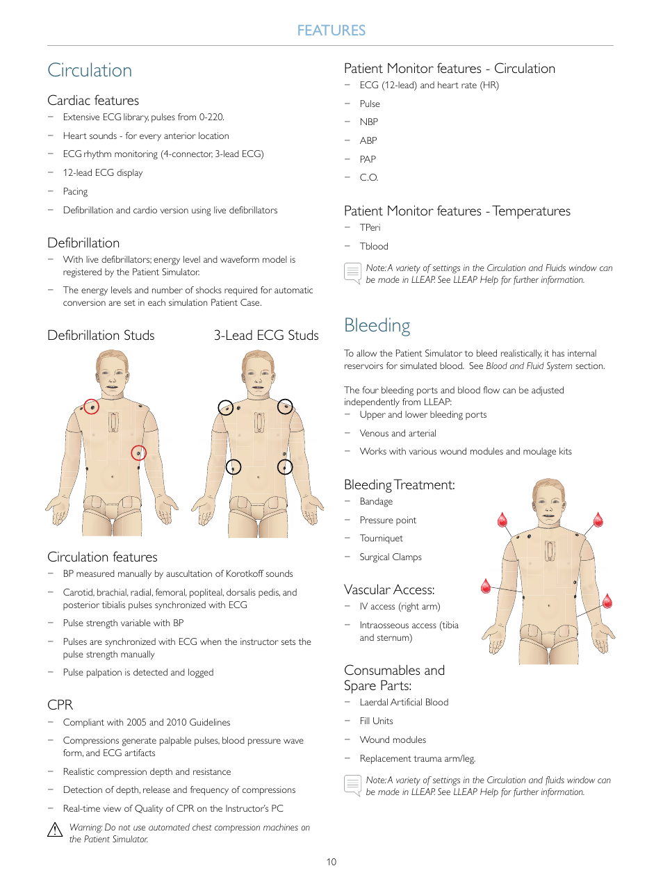 Circulation, Bleeding, Features | Cardiac features, Defibrillation, Patient monitor features - circulation, Patient monitor features - temperatures, Bleeding treatment, Vascular access, Consumables and spare parts | Laerdal SimMan 3G Trauma User Manual | Page 10 / 46