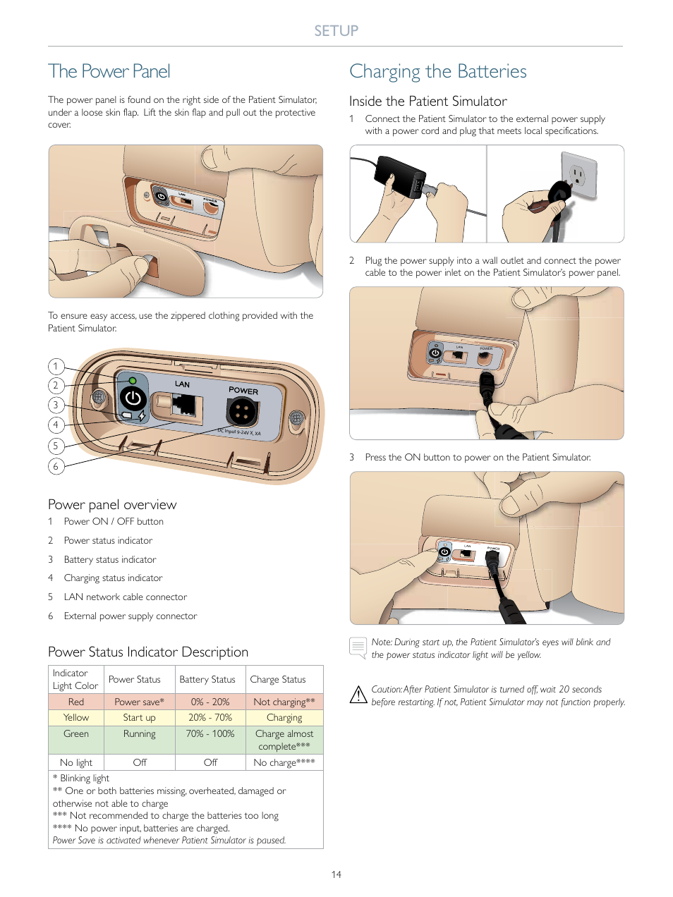 The power panel, Charging the batteries, Setup | Power panel overview, Power status indicator description, Inside the patient simulator | Laerdal SimMan 3G Trauma User Manual | Page 14 / 46