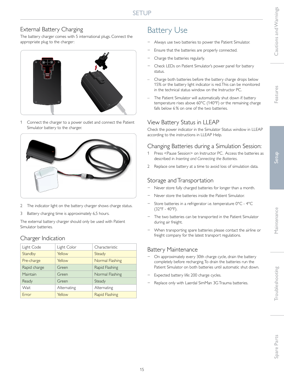 Battery use, Setup, External battery charging | Charger indication, View battery status in lleap, Changing batteries during a simulation session, Storage and transportation, Battery maintenance | Laerdal SimMan 3G Trauma User Manual | Page 15 / 46