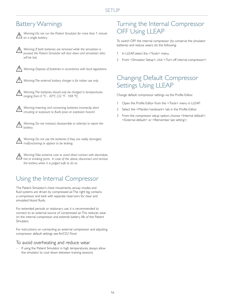 Battery warnings, Using the internal compressor, Turning the internal compressor off using lleap | Changing default compressor settings using lleap, Setup | Laerdal SimMan 3G Trauma User Manual | Page 16 / 46