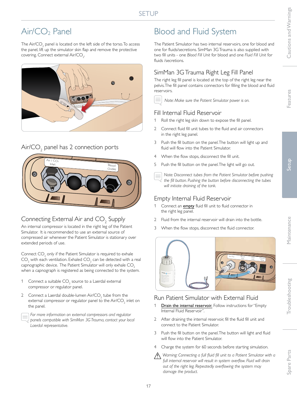Air/co, Panel, Blood and fluid system | Setup, Panel has 2 connection ports, Connecting external air and co, Supply, Simman 3g trauma right leg fill panel, Fill internal fluid reservoir, Empty internal fluid reservoir | Laerdal SimMan 3G Trauma User Manual | Page 17 / 46