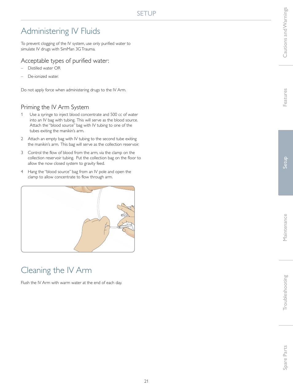 Administering iv fluids, Cleaning the iv arm, Setup | Laerdal SimMan 3G Trauma User Manual | Page 21 / 46