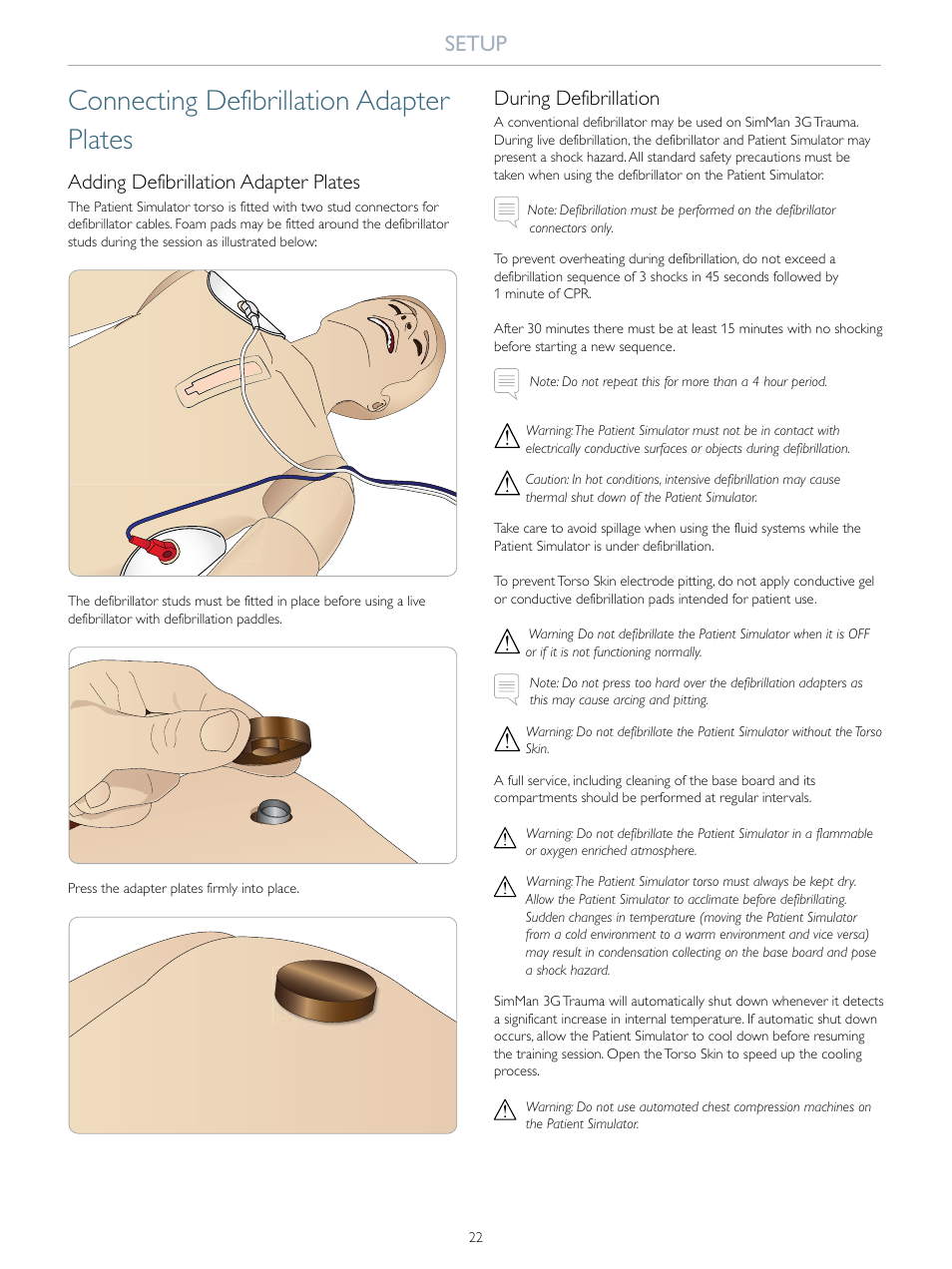 Connecting defibrillation adapter plates, Setup, Adding defibrillation adapter plates | During defibrillation | Laerdal SimMan 3G Trauma User Manual | Page 22 / 46